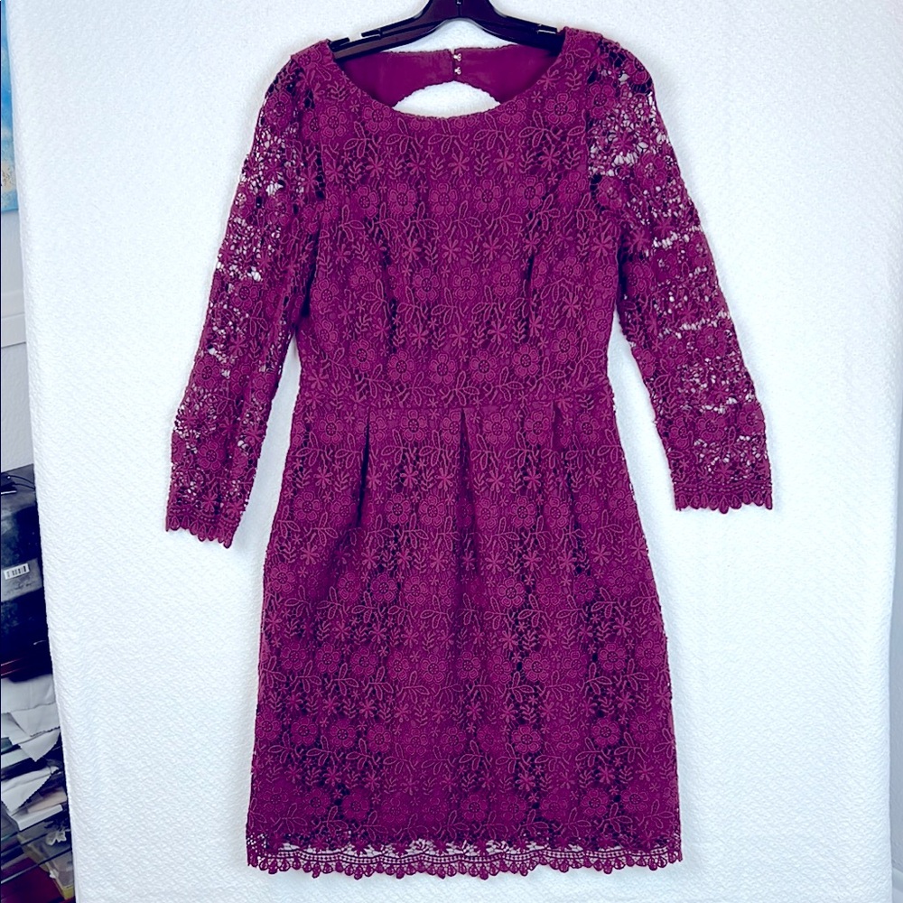 J. Crew open back 3/4 Sleeve Lace Dress in Deep Burgundy Midi Fit&Flare Sz. 6